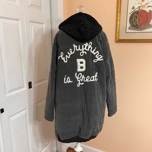 Quilted cotton long, full zip, slightly distressed coat with attached knit hood